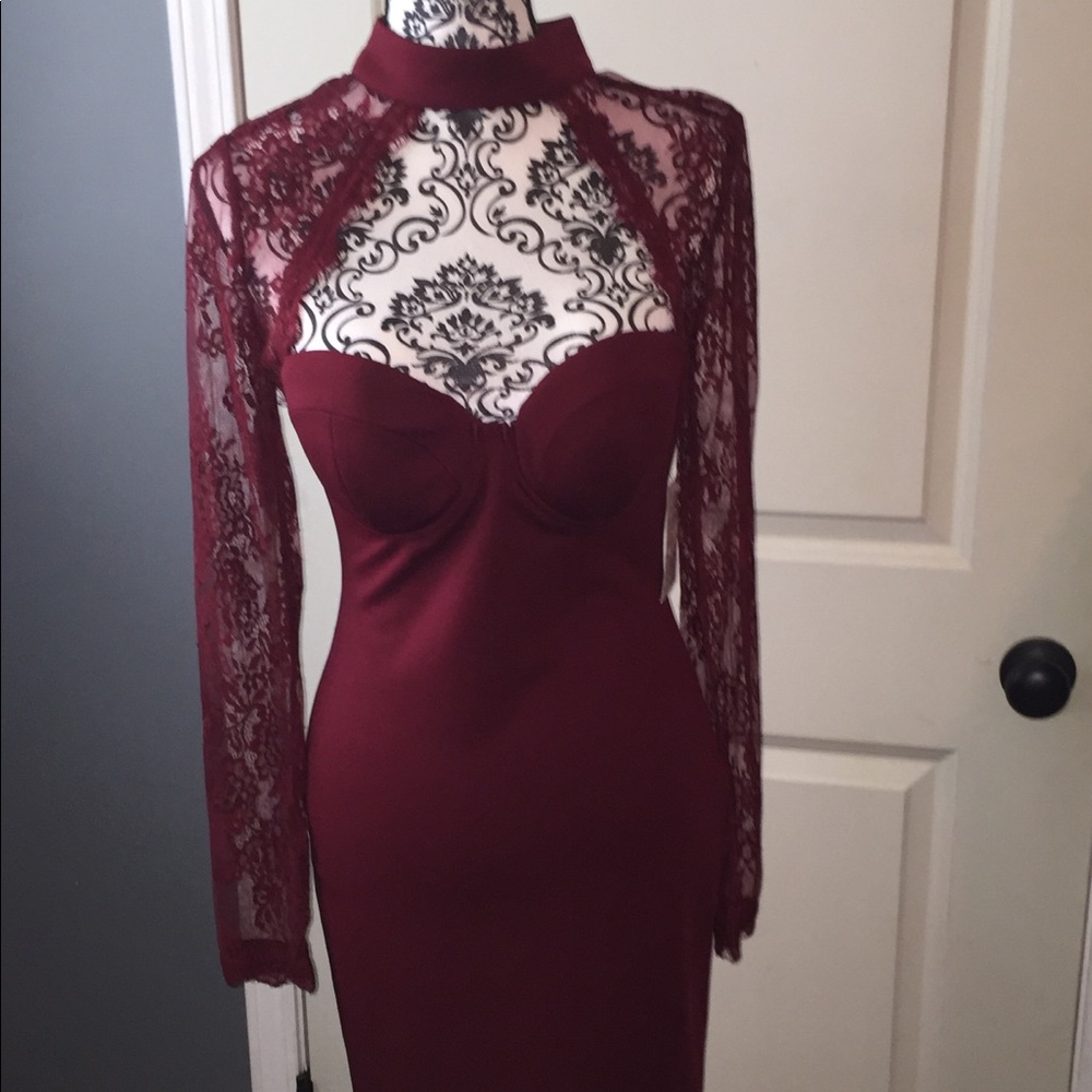 Large burgundy lace top high neck open chest dress